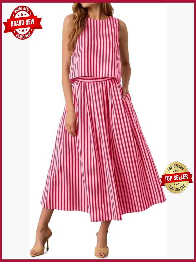 Women's 2 Piece Skirt Set Striped Sleeveless Tank Top Midi Dress Travel Outfit